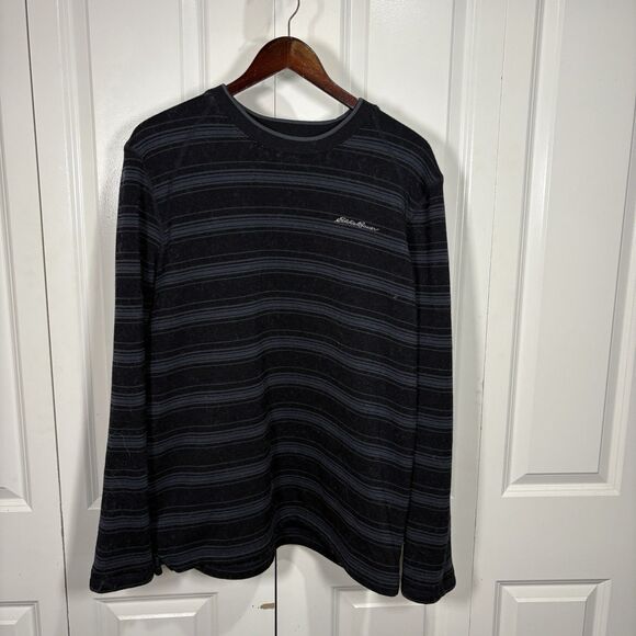 Eddie Bauer Mens Sweater L Black Gray Stripe Crewneck Pullover Casual Workwear - Picture 1 of 7